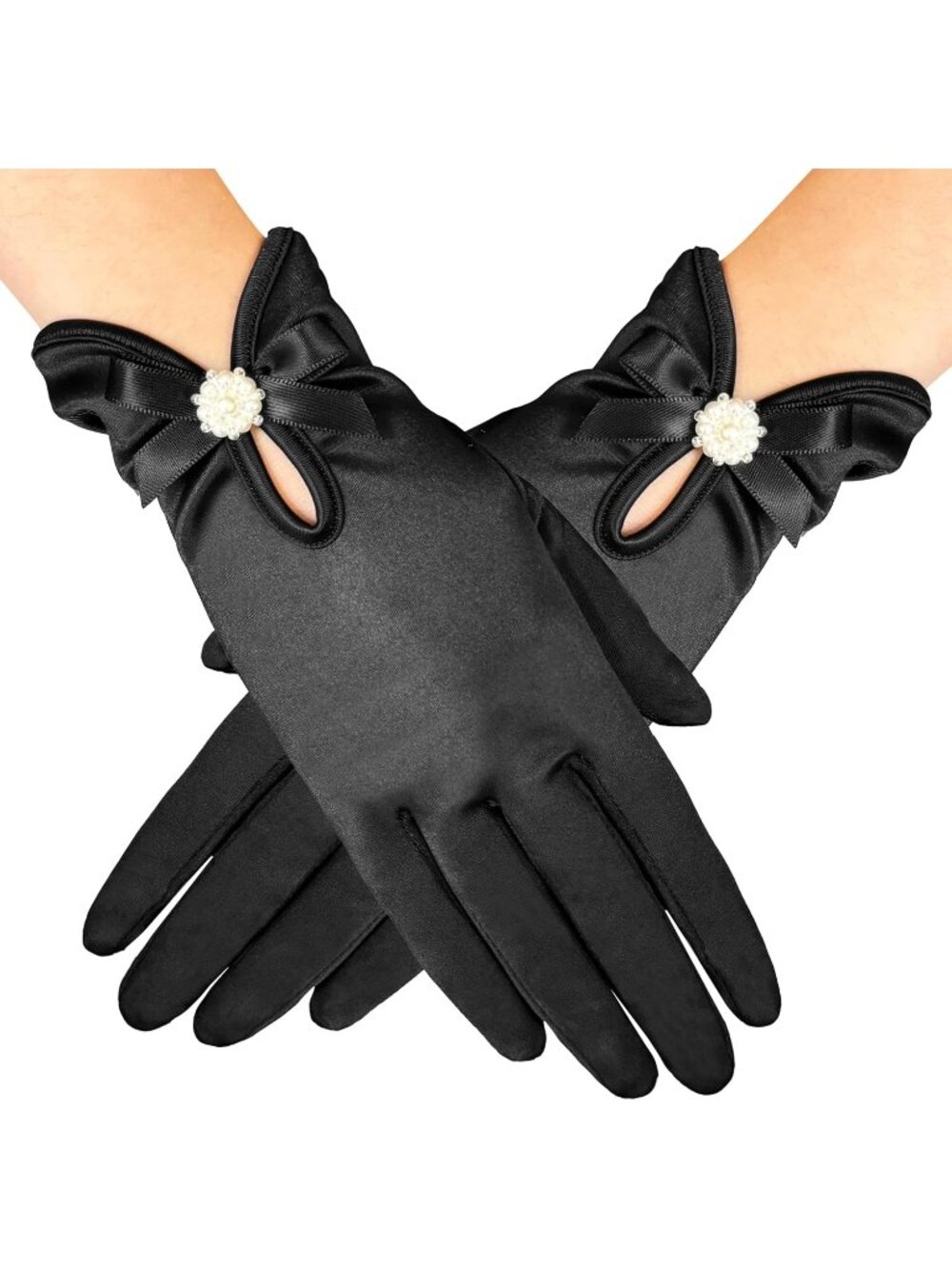 Women's Black Floral Lace Pearl Elegant Short Halloween Wedding Opera Gloves
